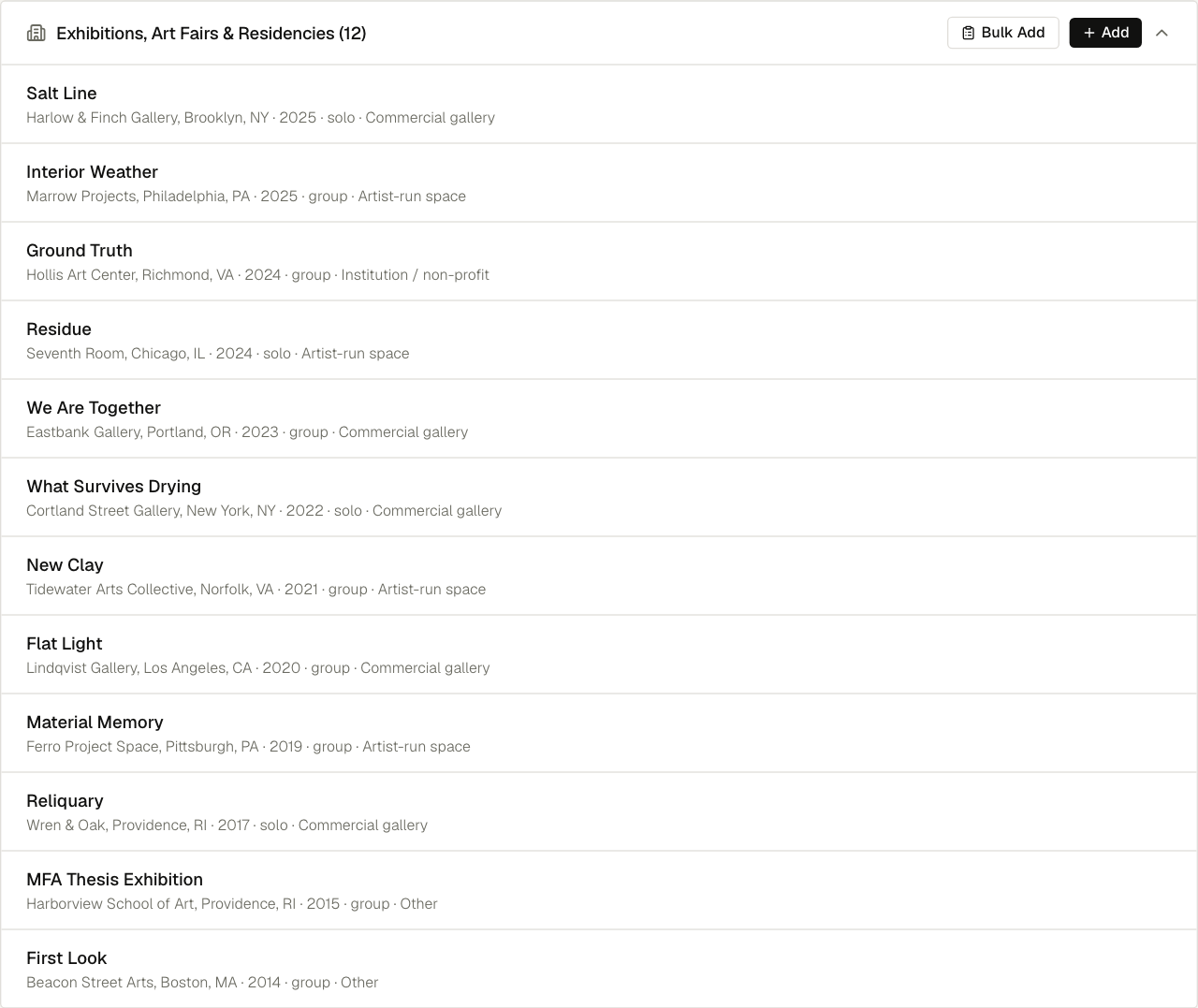 The CV tab on a sample record: twelve exhibitions listed with venue, city, year and type.